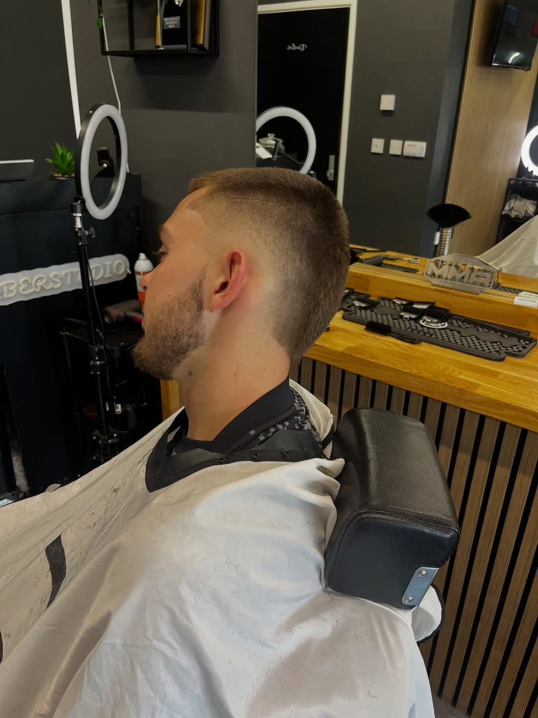 Short fade finished in the studio